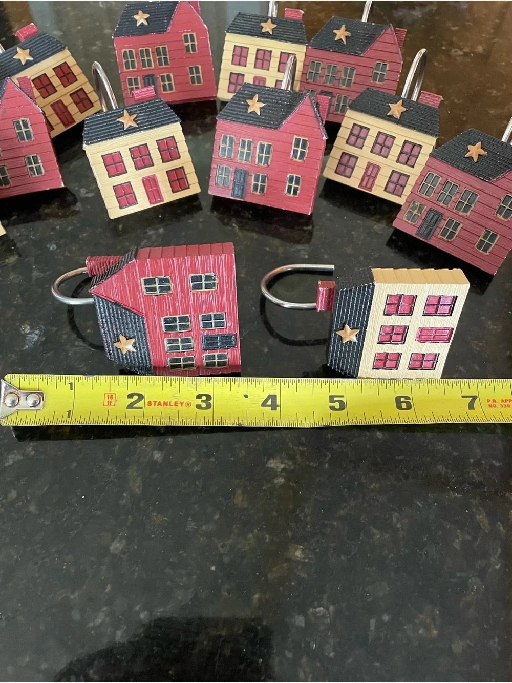 Shower Curtain Hooks - Primitive Distressed-Red Black & Cream Houses - Set of 12